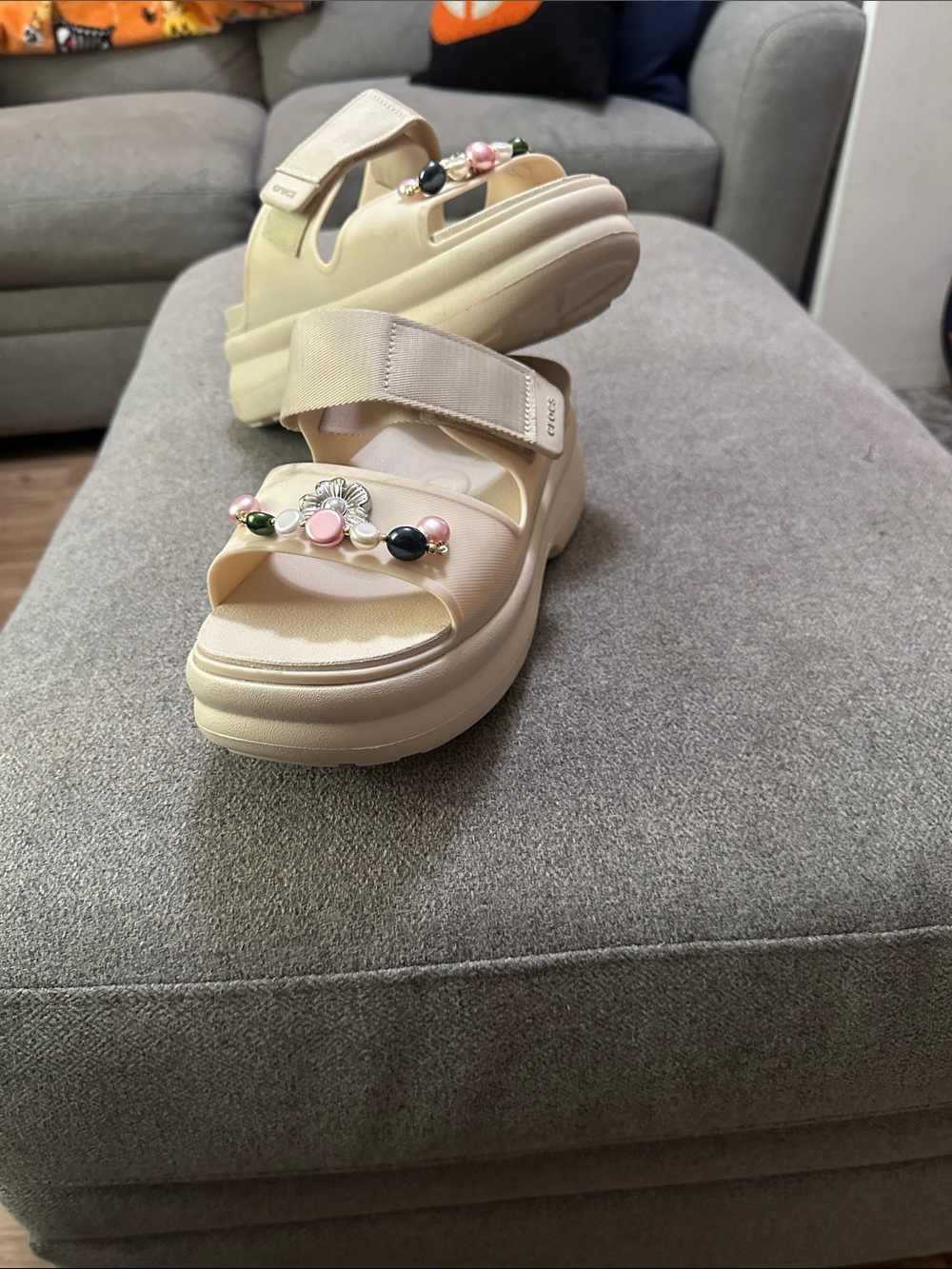 CROCS Cream Platform Sandals with Pink & Black Bead Accents